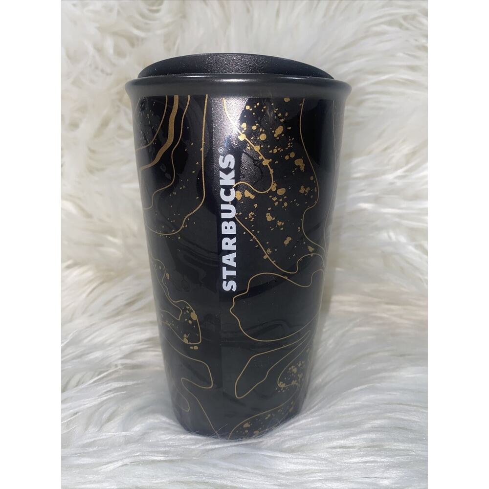 Starbucks Gold Black Sparkle Blend Ceramic Traveler Tumbler Coffee Cup 12 oz